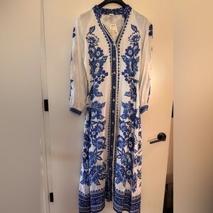 Magaschoni Elegant Blue and White Floral Long Sleeve Dress, 100% Linen, Size L